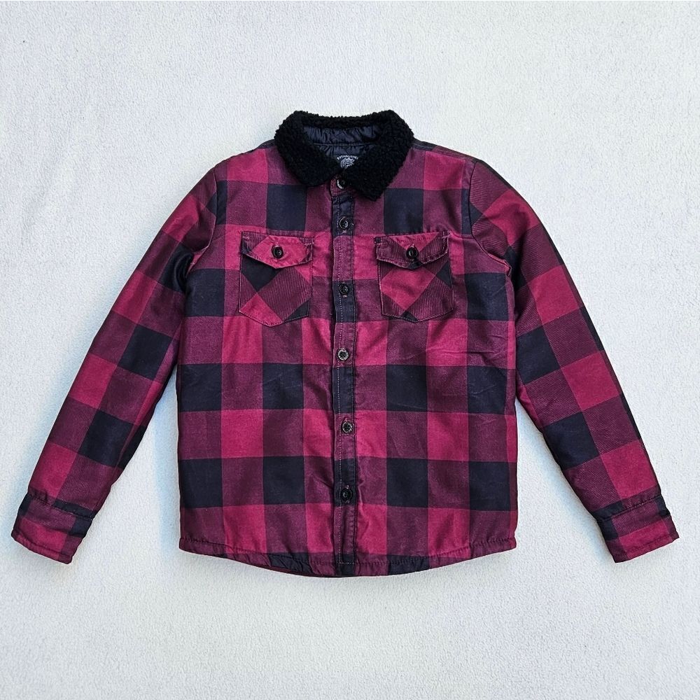 Buffalo David Bitton Red and Black Plaid Faux Fur Collared Coat Size 6